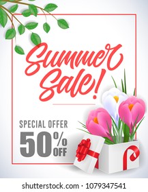 Summer sale special offer lettering in frame with irises in box on white background. Handwritten text, calligraphy. Seasonal sale concept. For posters, leaflets and brochure