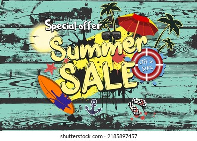 Summer sale. Special offer. Off to 50 percent. Pattern for design poster, logo, emblem, banner. Vector illustration on isolated background