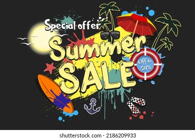 Summer sale. Special offer. Off to 50 percent. Pattern for design poster, logo, emblem, banner. Vector illustration on isolated background