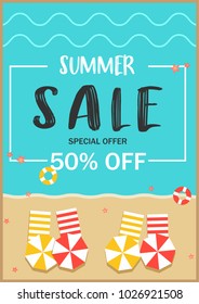 Summer Sale special offer poster on the beach style A4 Scale , Banner promotion discount clearance event festival , illustration vector 