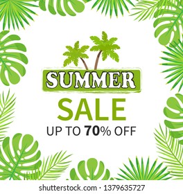 Summer sale special offer of shop, up to 70 percent vector. Palm tree branches with exotic leaves decoration, deal on market proposition for clients