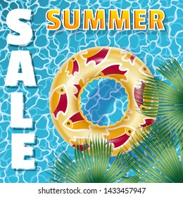 Summer sale square banner with palm leaves and a yellow inflatable circle with a pattern for swimming. Poster - advertising for shops and enterprises. Realistic 3D style. Vector illustration