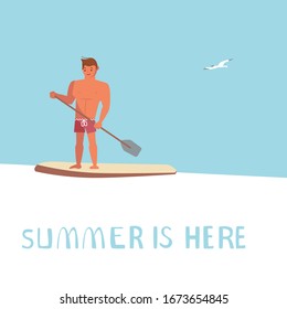 Summer sale square banner template. People on summer vacation concept. A young man on Stand Up Paddle Surfing. Flat Art Vector Illustration