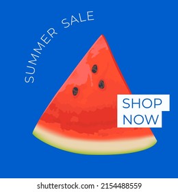 Summer sale square banner , template for social media, ads. Vector Summer sale banner in modern design with watermelon slices. Banner with button "Shop now".