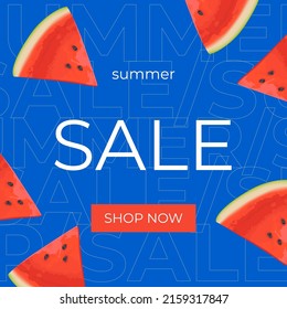 Summer sale square banner , template for social media, ads. Vector Summer sale banner in modern design with watermelon slices. Banner with button "Shop now".