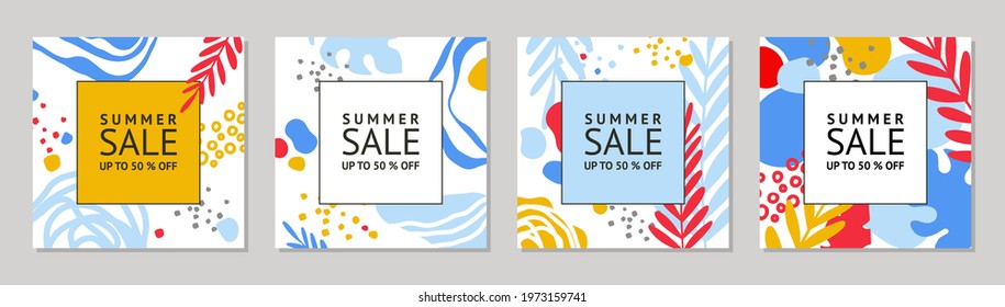 Summer sale square banner template.Vector set of abstract  trendy background for social media posts, mobile apps, banners,Invitation,flyers,special offer card