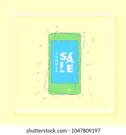 Summer Sale square card with phone. Element for graphic design - web, social media, banner, poster, flyer, ad. Vector Illustration.