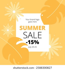 Summer sale square discount illustration: yellow and golden palm leaves and flowers on a gold field with a whiteboard, an editable section for logo, date, and information - ideal for the summer season