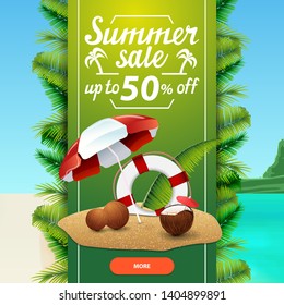 Summer sale, square discount web banner template for your business with coconut cocktail, beach umbrella and lifeline