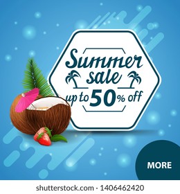 Summer sale, square discount web banner for your website with strawberry cocktail in coconut