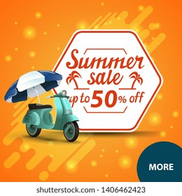 Summer sale, square discount web banner for your website with scooter with a beach umbrella
