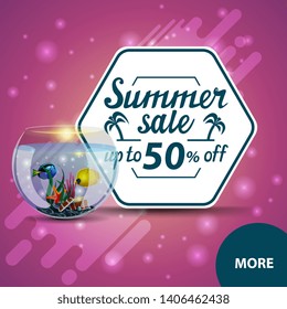 Summer sale, square discount web banner for your website with round aquarium with fish