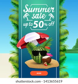 Summer sale, square discount web banner template for your business with watermelon in glasses under a beach umbrella