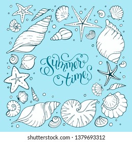 Summer sale. Square frame from hand drawn sea shells and stars. Marine vector illustration. 