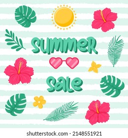 Summer sale. A square postcard with text and tropical flowers and leaves, monsters and palm trees. A template for media with summer seasonal elements. Vector illustration in a flat cartoon style.