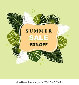 Summer sale square poster. Tropical leaves in a circle and in the middle there is a place for text about summer sale up to 50% discount