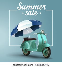 Summer sale, square web banner for your website with scooter with a beach umbrella
