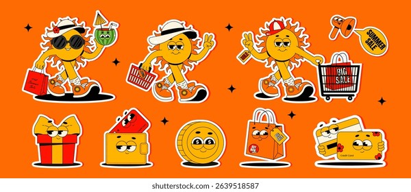 Summer sale sticker set. Retro groovy characters sun, gift box, shopping bag, plastic cards and more. Collection elements for store sale, promotion or social media posts. Vector illustration