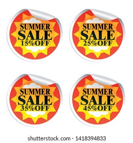 Summer sale stickers 15,25,35,45 with sun.Vector illustration