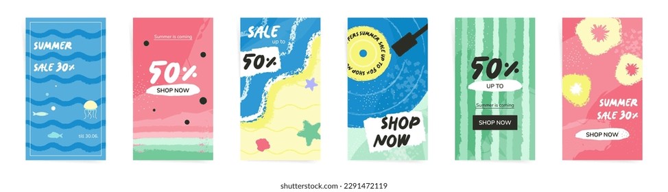 Summer sale stories banners background template set. Beach and sea design for stories and posters. Summer design with summer elements and silhouettes. Abstract vector summer sale stories. 