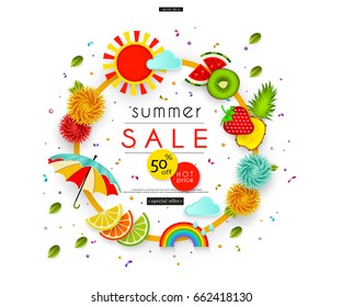 Summer Sale Stylized multicolored flowers, umbrella, leaves, clouds, rainbow, sun, fruit Abstract banner for advertising, banners, posters, flyers, leaflets, signboards Vector illustration