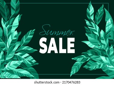 Summer sale. Stylized tree branch frame with green teal leaves summer sale vector banner. Abstract botany tree branch foliage greenery, stylized leaves with striped texture. Eucalyptus border frame.