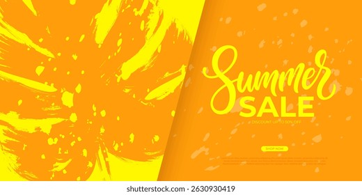 Summer Sale. Summertime commercial background with brush stroke tropical leaf and hand lettering for Summer season shopping promotion and sale advertising. Vector illustration.