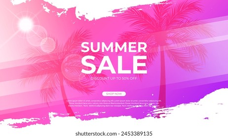 Rebajas de verano. Anuncio comercial de verano con palmeras, sol de verano y pinceladas blancas para negocios, promoción de compras de temporada y publicidad de venta. Ilustración vectorial.