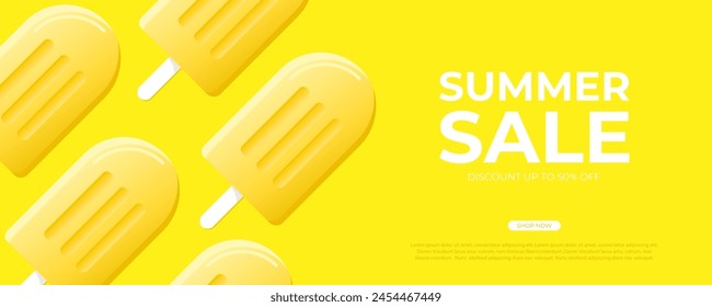 Summer Sale. Summertime commercial banner with ice cream for seasonal shopping promotion and sale advertising. Vector illustration.