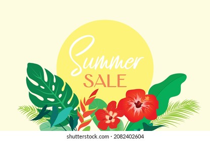 Summer sale, summertime or summer holiday background vector template with colorful tropical flowers and tropical plants, palm leaves, monstera leaves and hibiscus. Banner, poster or flyer template .