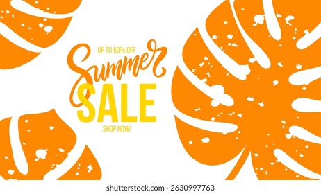 Summer Sale. Summertime season sale commercial banner with orange tropical leaves for retail, summertime seasonal shopping, sale promotion and advertising. Vector illustration.