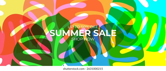 Summer Sale. Summertime season sale commercial banner with bright tropical leaves for retail, summertime seasonal shopping, sale promotion and advertising. Vector illustration.