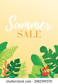 Afiche o volante vectorial de la venta de verano o plantilla de verano con plantas tropicales y fondo de flores. Hojas de palma, hojas de monstera, carteles de flores de anturio o afiche con espacio de copia.