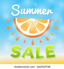 Summer sale - sunny concept with juicy orange. Vector.