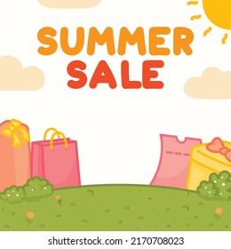 summer sale sunshine and gift box on meadow kawaii doodle cartoon vector