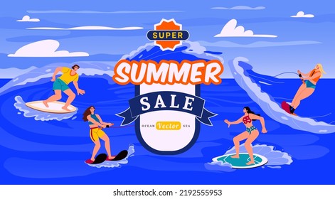 Summer sale. Surf background. Ocean wave. Sea promotion. People surfing and kiteboarding. Big Hawaii beach. Hot discount poster. Extreme sport. Active vacation. Vector banner landing