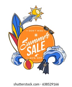 Summer Sale Surf Board and Fins Illustration Poster Flyer Card Mock Up Template Layout Vector Art Design
