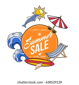 Summer Sale Surf Board and Long Chair Illustration Poster Flyer Card Mock Up Template Layout Vector Art Design