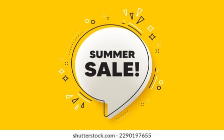 Summer Sale tag. 3d speech bubble yellow banner. Special offer price sign. Advertising Discounts symbol. Summer sale chat speech bubble message. Talk box infographics. Vector