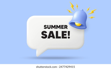 Summer Sale tag. 3d speech bubble banner with bell. Special offer price sign. Advertising Discounts symbol. Summer sale chat speech message. 3d offer talk box. Vector
