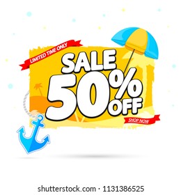 Summer Sale tag, 50% off, discount banner design template, app icon, vector illustration