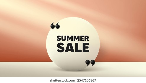 Etiqueta de rebajas de verano. Marco del círculo, fondo de la etapa del producto. Muestra de Precio de oferta especial. Símbolo de Descuentos publicitarios. Mensaje de marco redondo de venta de verano. Escena de oferta de diseño mínimo. Cita con coma 3D. Vector