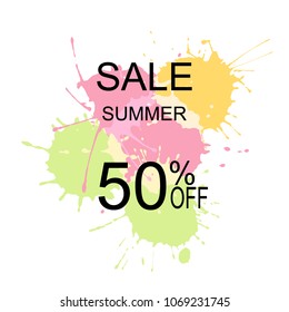 Summer sale of the tag on the background of colored sprays. Vector illustration.