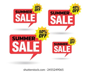 Summer sale tag speech red bubble. Set of 20%, 30%, 40%, 50% off discount. Vector illustration