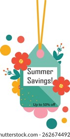 Summer sale tag surrounded by flowers. Gift tag for seasonal discount. Promotion banner. Brightly colored flowers in a flat style. Vector illustration