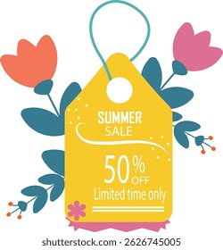 Summer sale tag surrounded by flowers. Gift tag for seasonal discount. Promotion banner. Brightly colored flowers in a flat style. Vector illustration