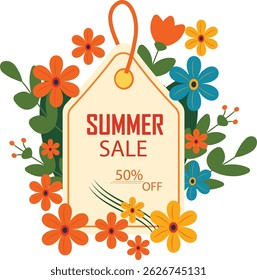 Summer sale tag surrounded by flowers. Gift tag for seasonal discount. Promotion banner. Brightly colored flowers in a flat style. Vector illustration