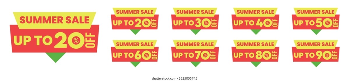 Summer Sale Tags with 20 30 40 50 60 70 80 90 percent off. Discount banners and promotional labels