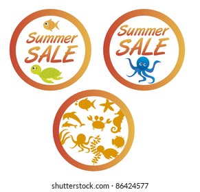 summer sale tags with sea animals background. vector
