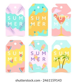 Summer sale tags, Summer set of sale and gift tags, labels with fun elements, Collection with palm tropical leaves, plants, lemon, pineapple and much more.